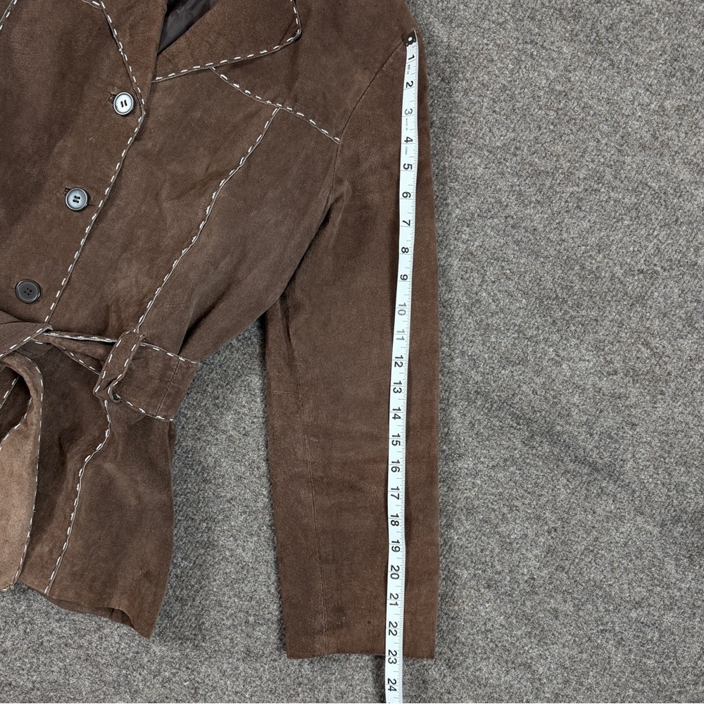 Outbrook Brown Suede Leather Belted Jacket Women’s Medium Contrast Stitching Y2K - Picture 13 of 15